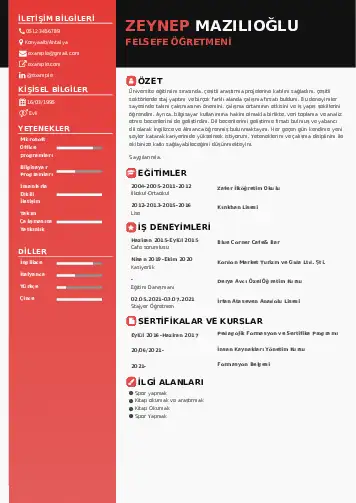 Felsefe Öğretmeni CV Örnekleri cv indir